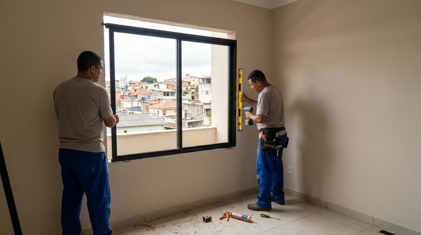 Esquadria de alumínio em quarto bege em Piracicaba-SP