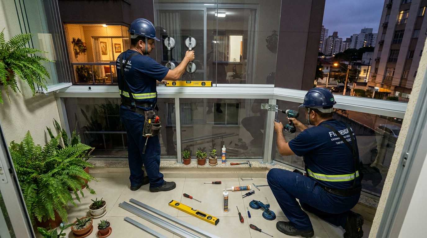 Instalação noturna de parede de vidro em Piracicaba-SP