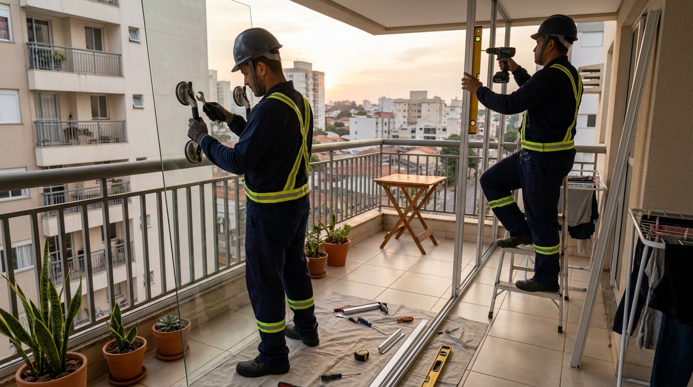 Instalação de parede de vidro em sacada em Piracicaba-SP